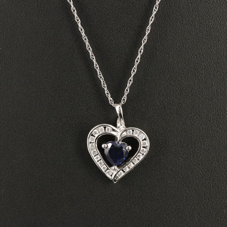 Sterling Sapphire and Cubic Zirconia Heart Pendant Necklace