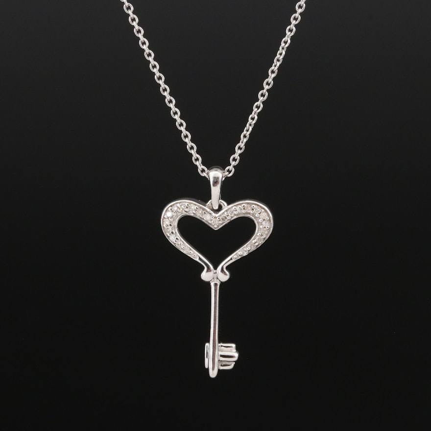 Sterling Diamond Heart Key Pendant Necklace