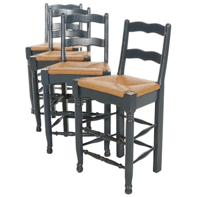 Four Blue-Painted Wood and Paper Cord Seat Counter-Height Barstools