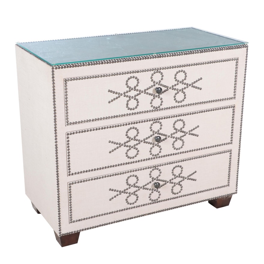 Bassett Linen Upholstered Three-Drawer Nightstand with Nailhead Accent