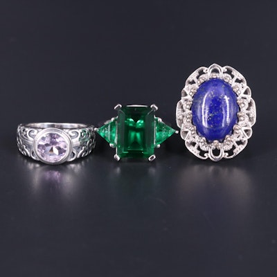 Sterling Silver Ring Collection Including Emerald and Lapis