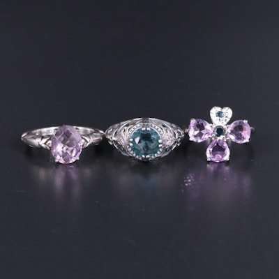 Sterling Silver Ring Collection Including Amethyst and Sapphire