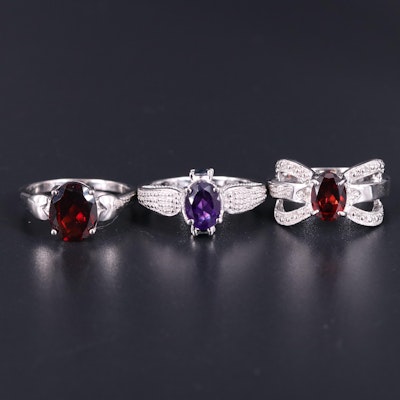 Sterling Silver Ring Collection Including Natural Garnet and Amethyst