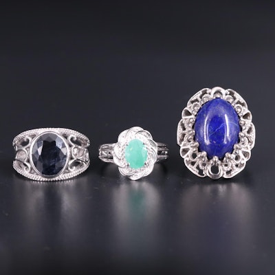 Sterling Silver Ring Trio Including Emerald, Sapphire, and Lapis