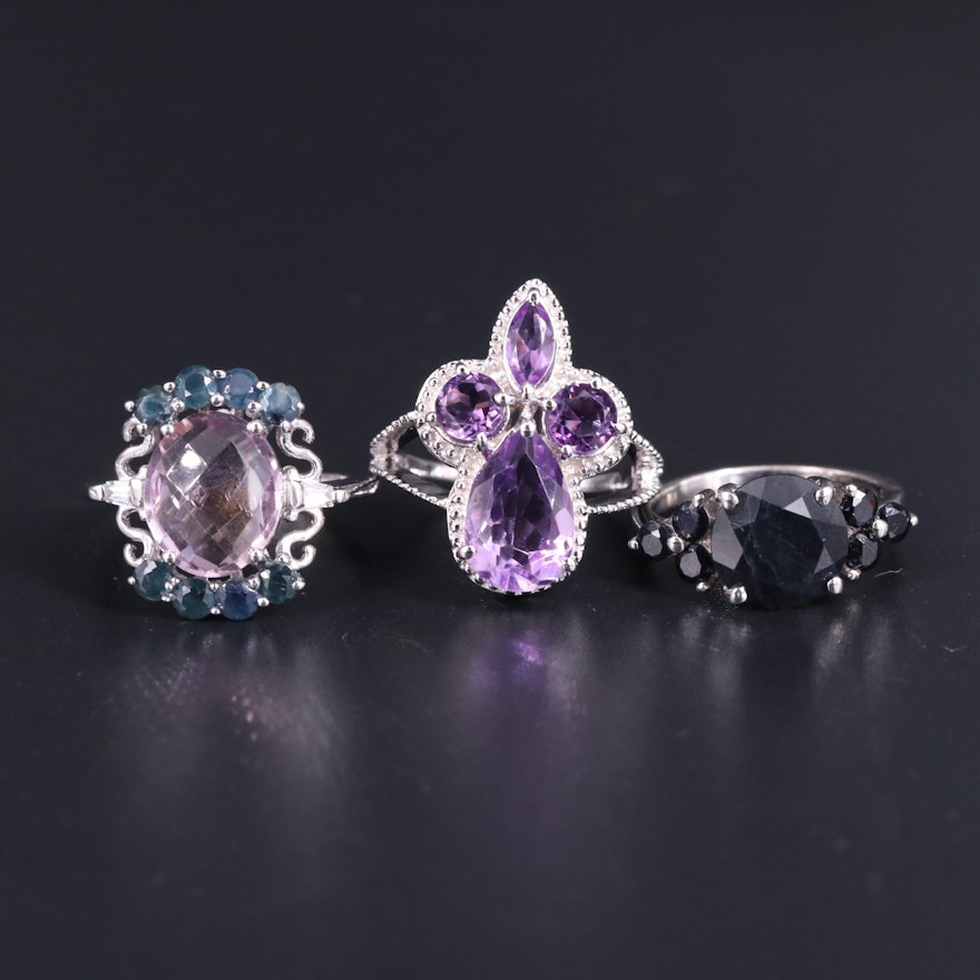 Sterling Silver Ring Trio Including Purple and Pink Amethyst, and Sapphire