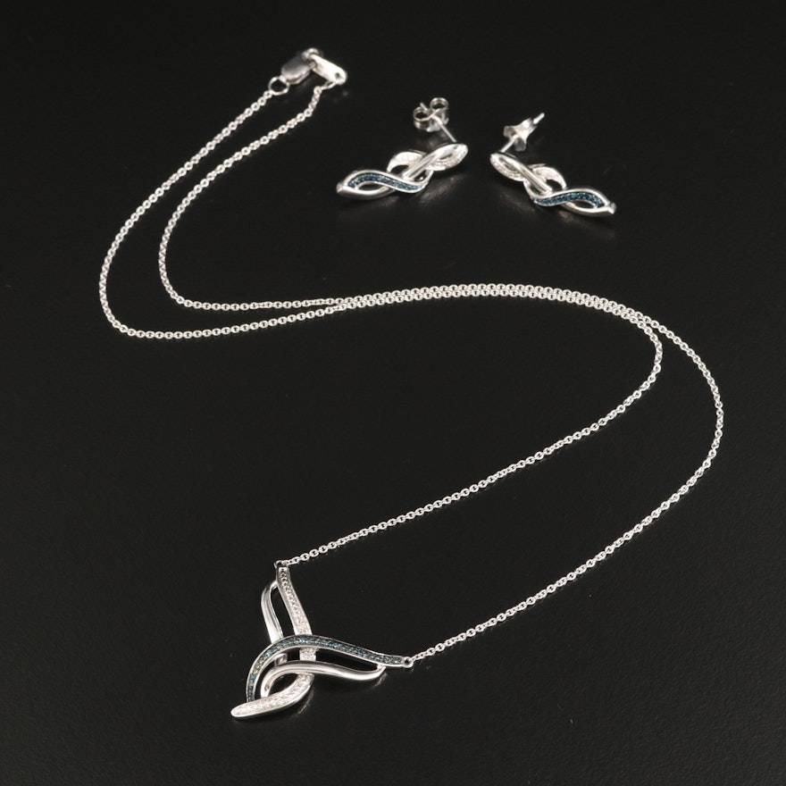 Sterling Diamond Crossover Necklace and Earrings Set