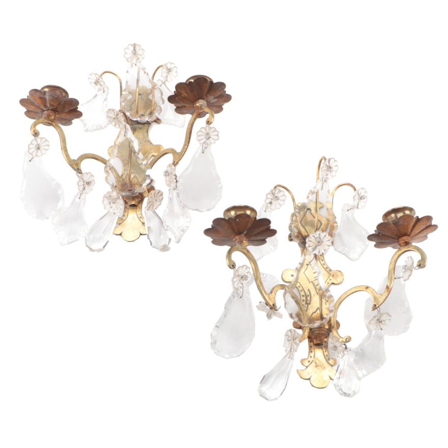 Pair of Neoclassical Style Brass and Crystal Prism Candle Sconces