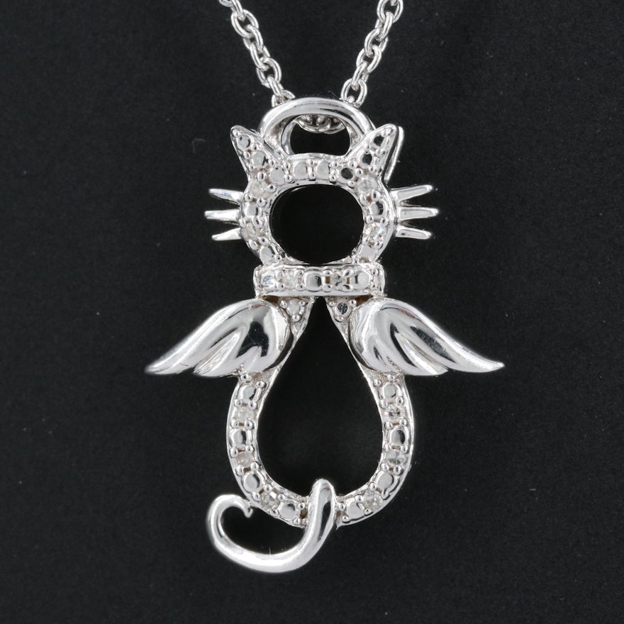 Sterling Diamond Angel Cat Pendant Necklace