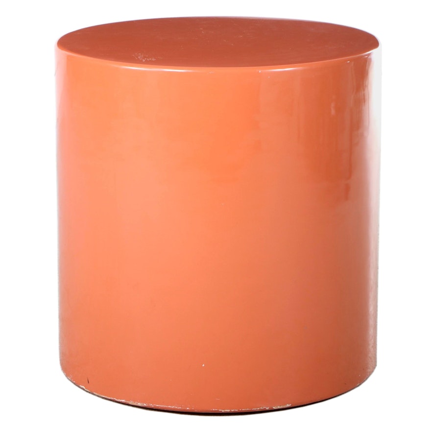 Orange Lacquered Wooden Drum Side Table, Mid to Late 20th Century