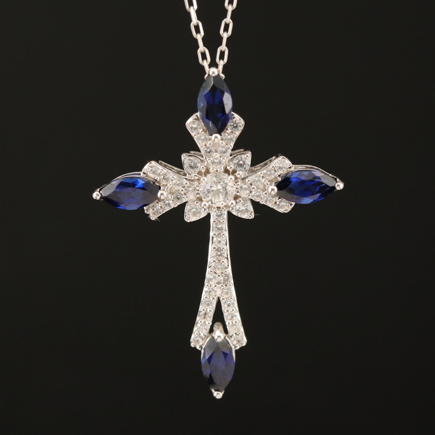 Sterling and Sapphire Cross Pendant Necklace