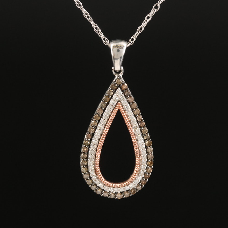 Sterling Diamond Teardrop Pendant Necklace with 14K Rose Gold Accent
