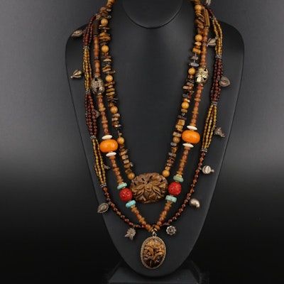 Carved Tiger's Eye and Quartzite Floral Beaded Necklaces