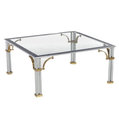 Chromed Metal, Brass and Glass Top Coffee Table, 1980s