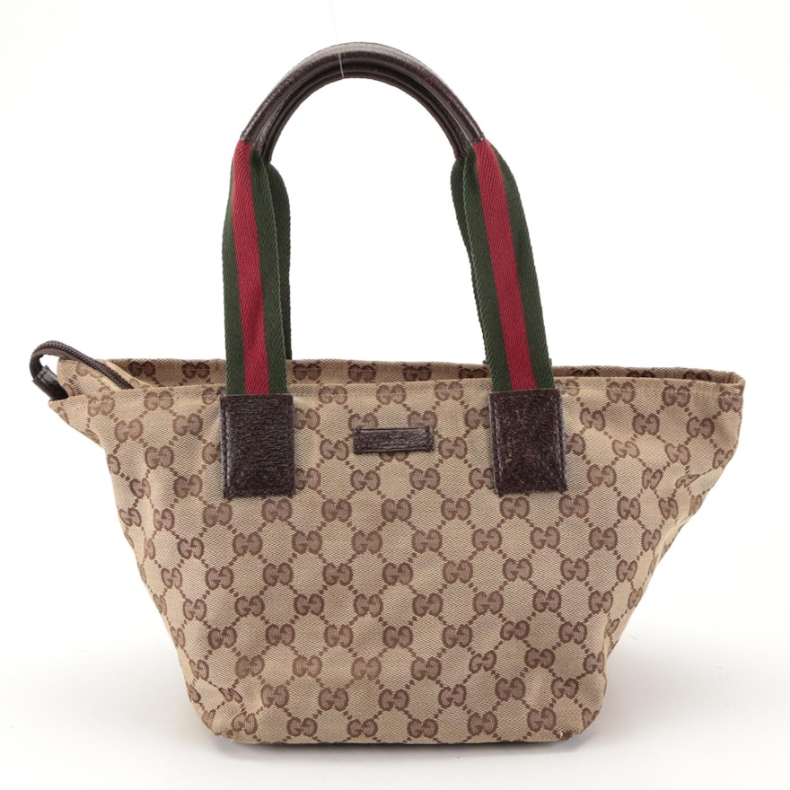 Gucci GG Canvas Tote with Web Stripe and Leather Handle