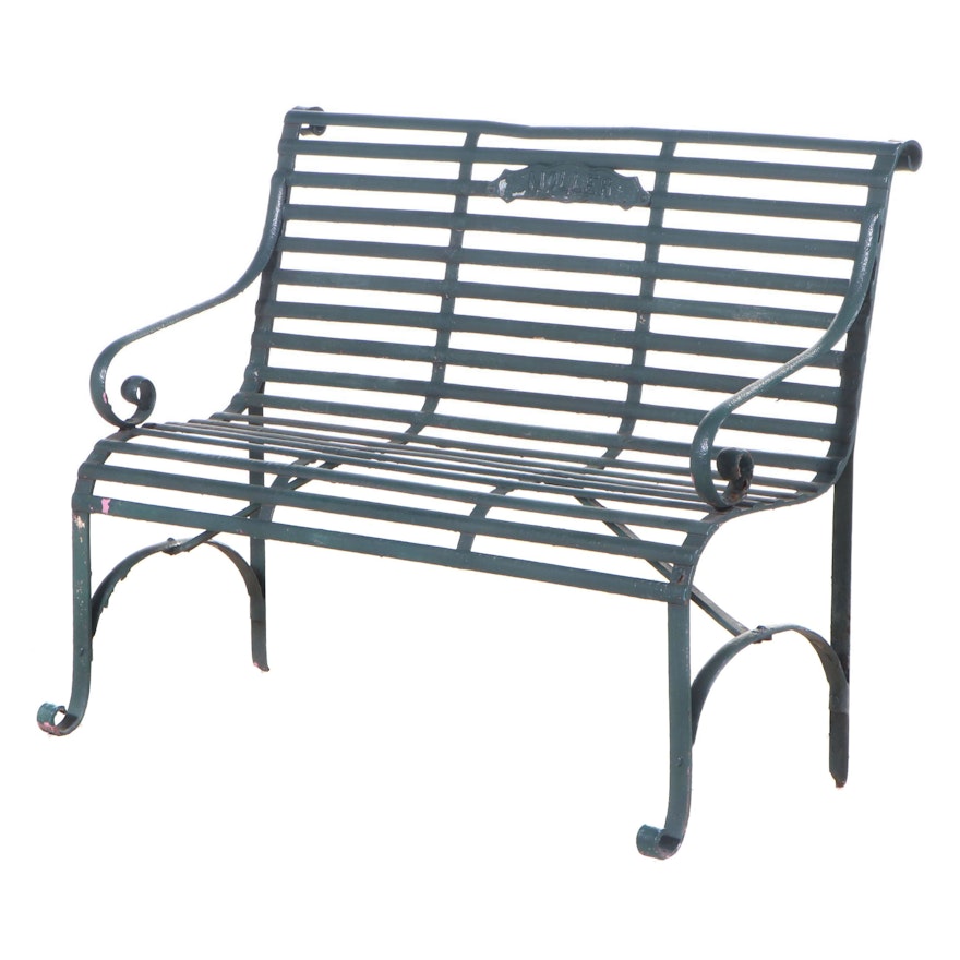 "Moller" Green-Painted Wrought Iron & Strapwork Garden Bench, Early 20th Century