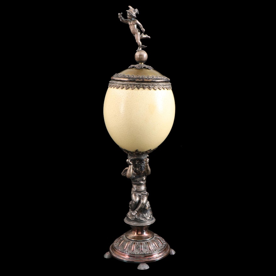 German Silver Plate Mounted Ostrich Egg Footed Cup, 19th Century