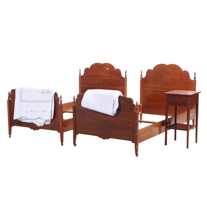 Pair of Walnut Twin Beds with Birch Nightstand, Early to Mid 20th Century