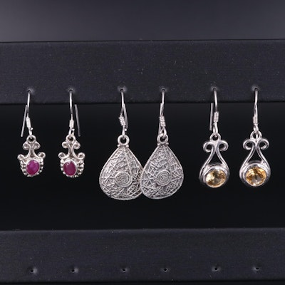 Assortment of Sterling Silver Earrings Including Ruby and Citrine