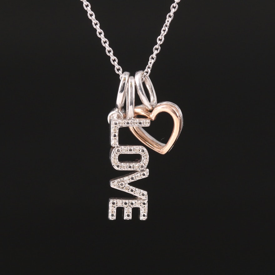 Sterling Diamond Love and Heart Charm Necklace with 10K Rose Gold Accent