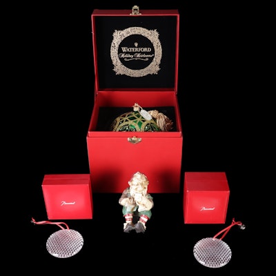 Waterford "Holiday Heirlooms" and Baccarat Crystal Ornaments with Elf Figurine