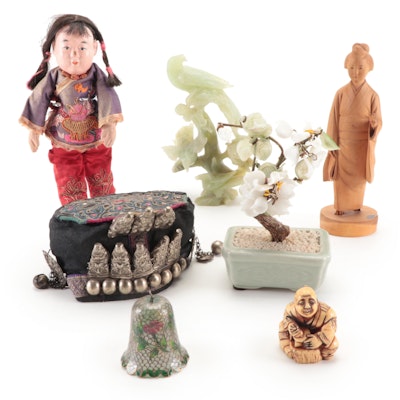 Chinese Carved Serpentine Bird Figure, Plique-à-jour Bell and Other Asian Décor