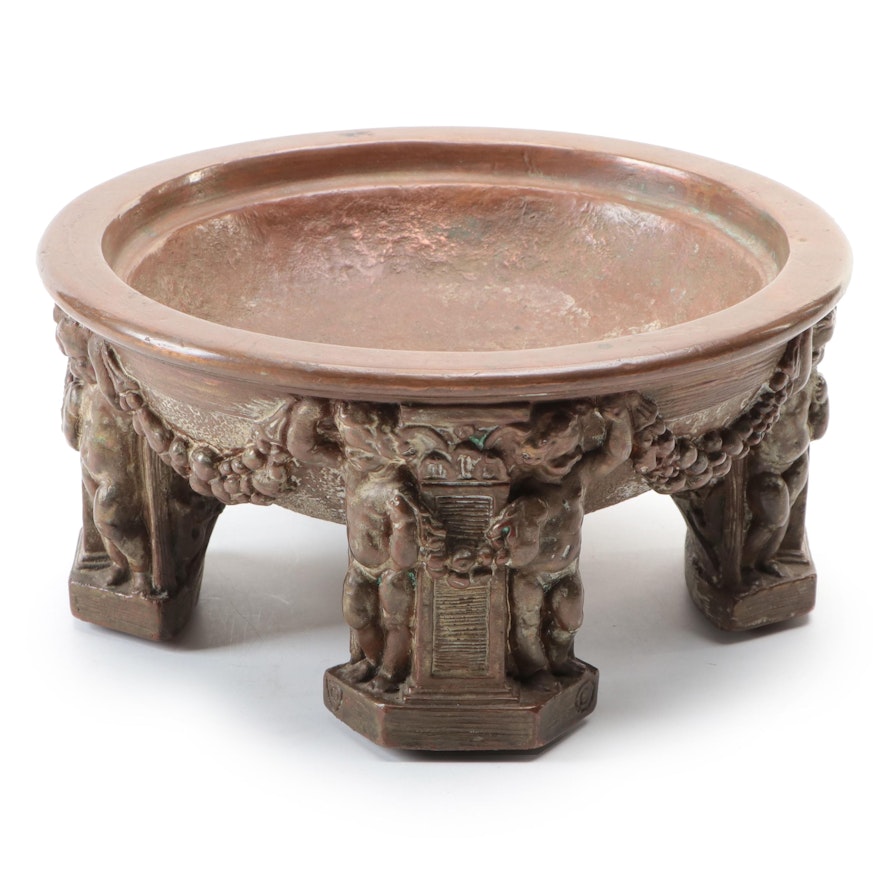 Art Deco Style Copper Wrapped Footed Bowl With Putti Base, Early 20th Century