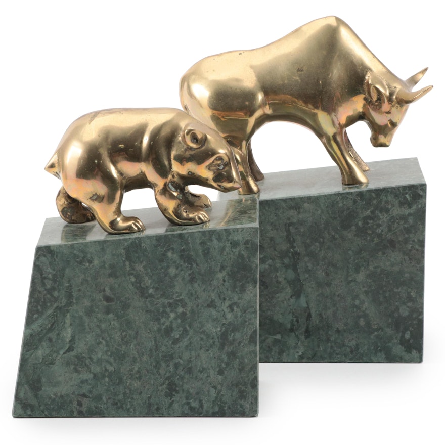 Brass and Marble Bull and Bear of Wall Street Bookends