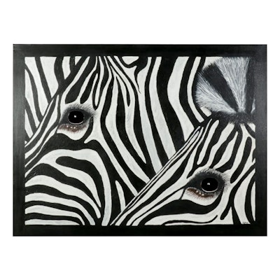 Randy May Mixed Media Painting of Zebras, 2008