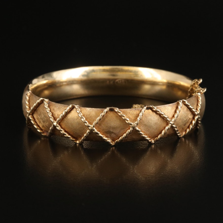 14K Hinged Bangle with Florentine Finish and Rope Detail