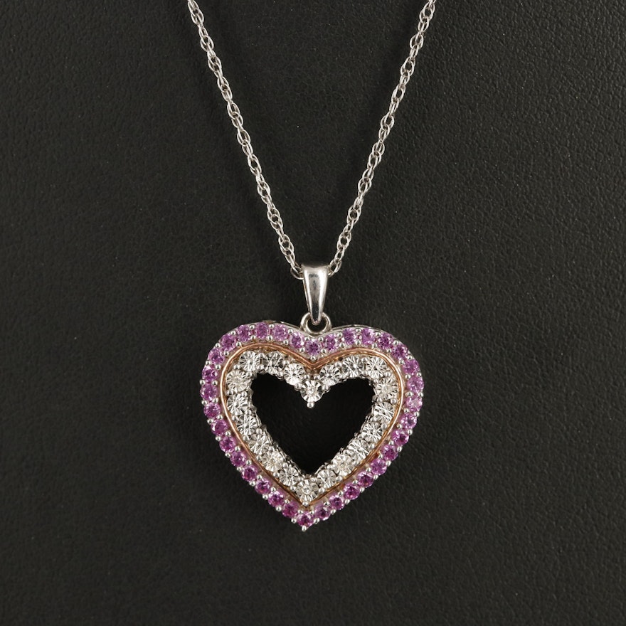 Sterling Sapphire and Diamond Heart Pendant Necklace