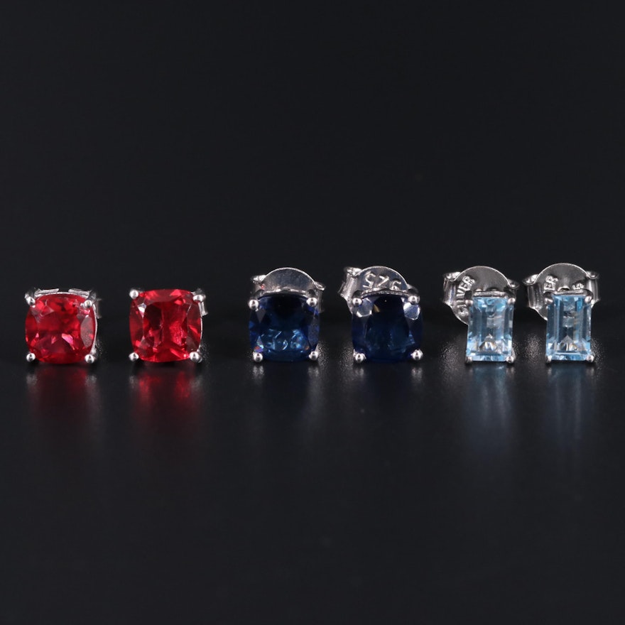 Sterling Silver Stud Earring Trio Including Sapphire and Topaz