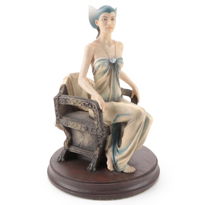 Statuette of Seated Elven Woman on Wooden Base