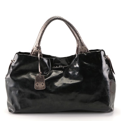Salvatore Ferragamo East-West Tote in Black Coated Textile and Bronze Leather