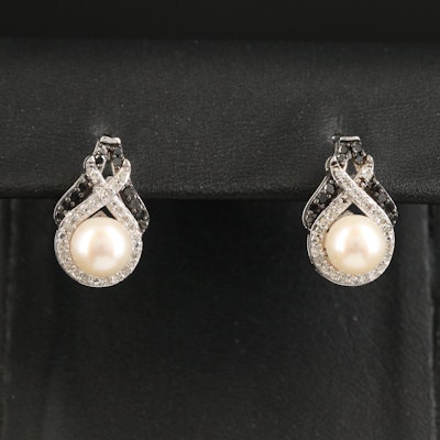 Sterling Pearl and Diamond Earrings