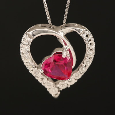 Sterling Ruby and Diamond Heart Pendant Necklace