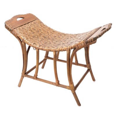 Wicker, Rattan and Wood Stool, Mid-20th Century
