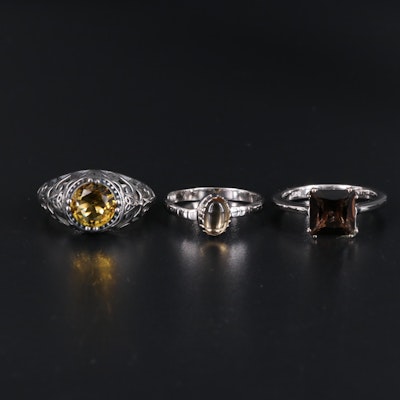 Sterling Silver Ring Collection Including Citrine and Smoky Quartz