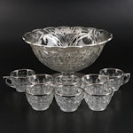 Sterling Silver Overlay and Glass Punch Bowl and Cups