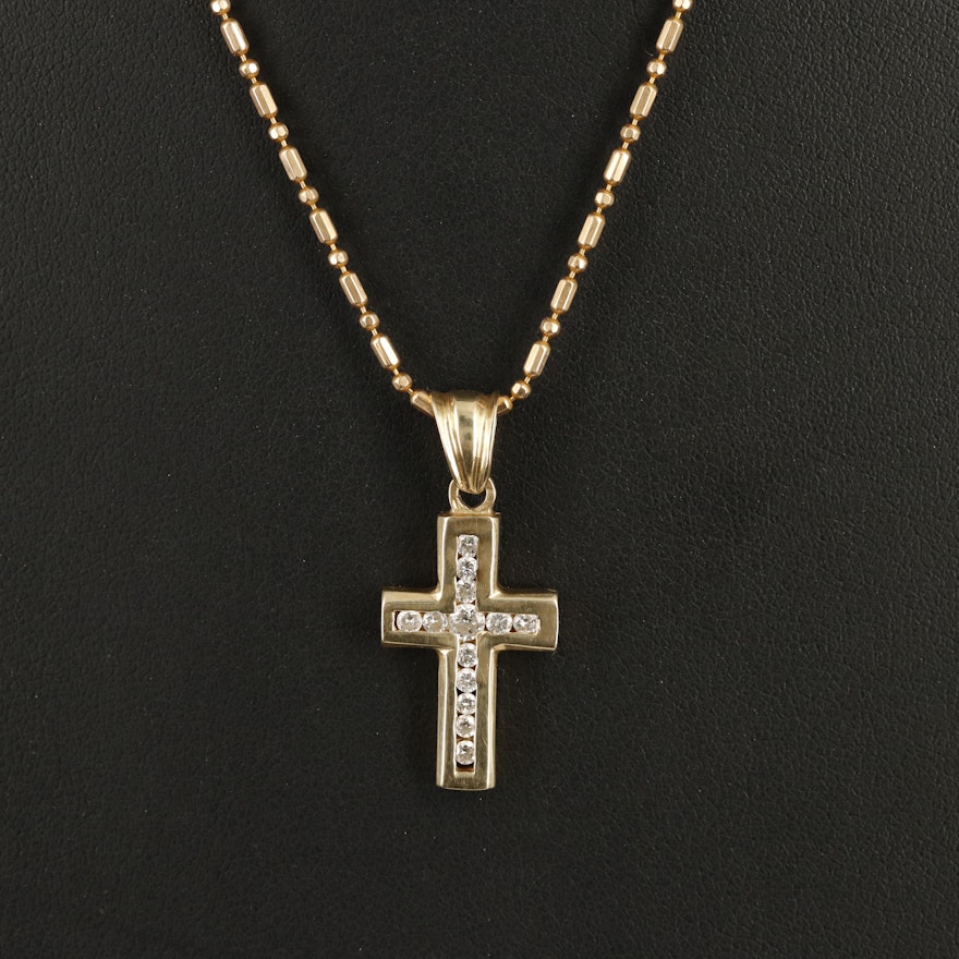 14K 0.30 CTW Diamond Cross Pendant with 18K Bar and Bead Chain Necklace