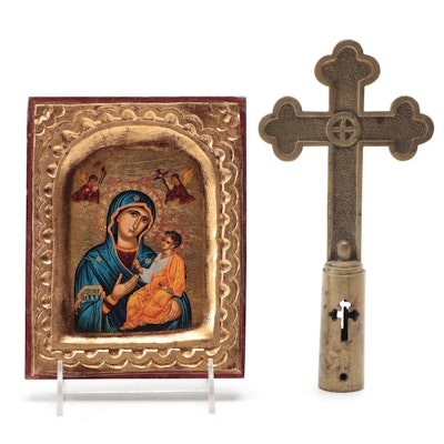Greek Orthodox Brass Cross with Wooden Icon of Mary and Jesus