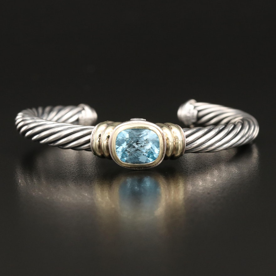 David Yurman "Noblesse" Sterling Sky Blue Topaz Cuff with 14K Accents