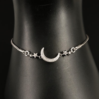 Sterling Diamond Crescent Moon and Stars Bolo Bracelet
