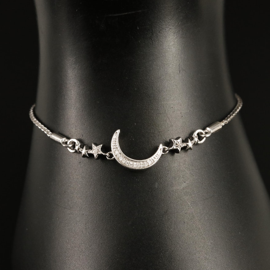 Sterling Diamond Crescent Moon and Stars Bolo Bracelet
