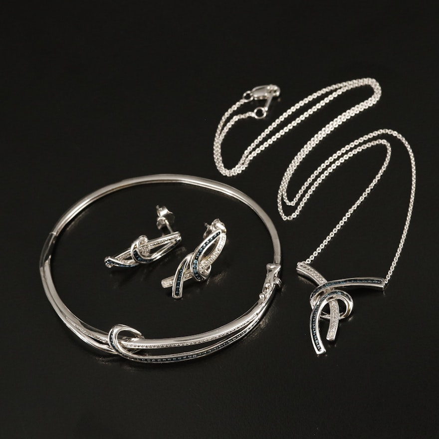 Sterling Diamond Bracelet, Earrings and Necklace