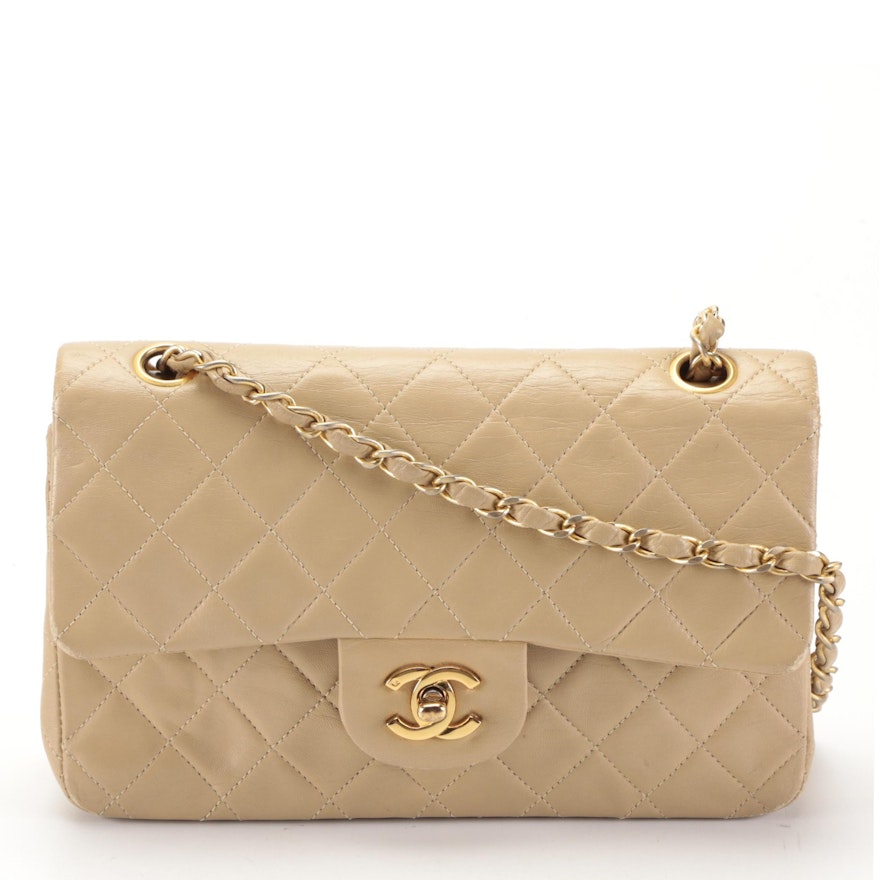 Chanel Small Double-Flap Shoulder Bag in Beige Quilted Lambskin Leather