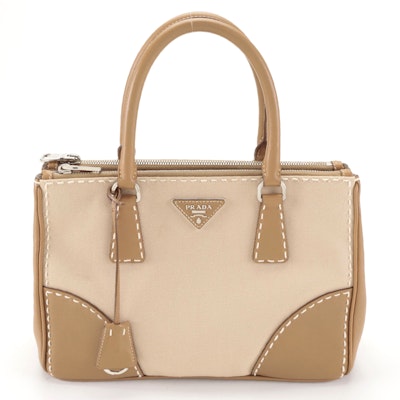 Prada Double-Zip Contrast Stitch Tote in Canvas and Leather