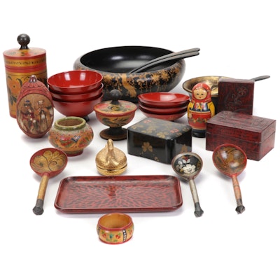 Hand-Painted Russian Khokhloma & Japanese Lacquerware, Carved Egg Box, & More