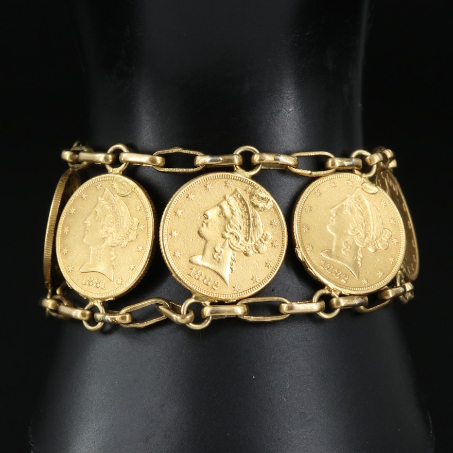 14K Bracelet with British Gold 1/2 Sovereigns and 5 Dollar Liberty Head Coins