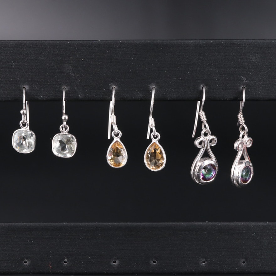 Sterling Silver Earring Collection Including Amethyst, Topaz, and Citrine