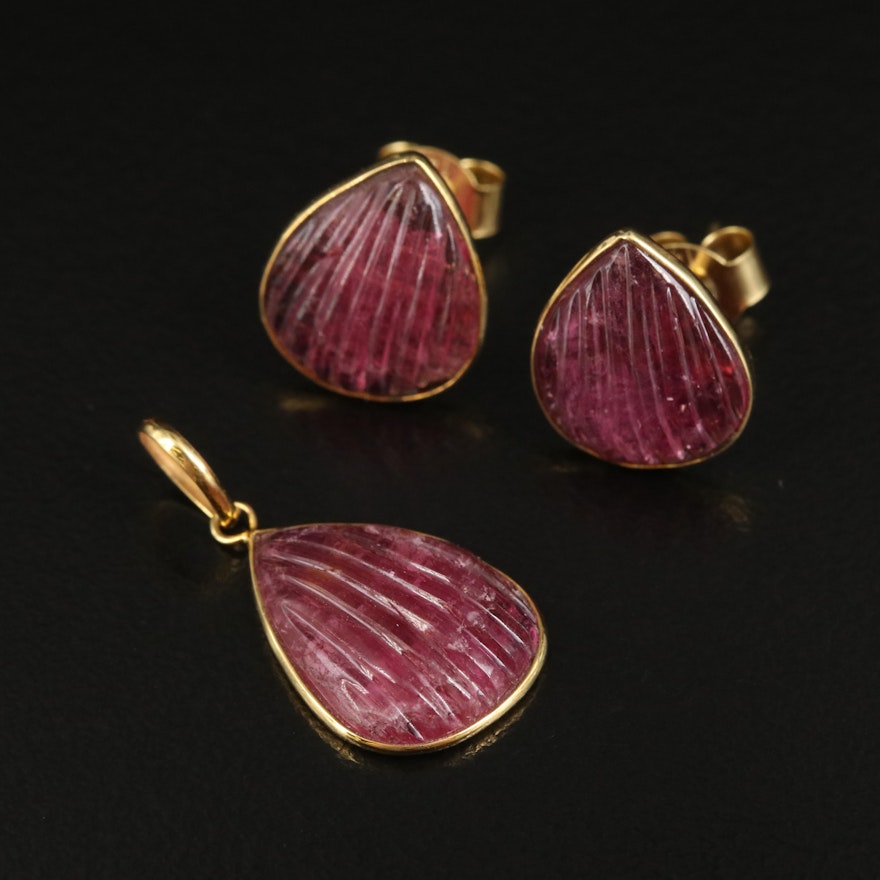 14K Carved Ruby Earrings and Pendant